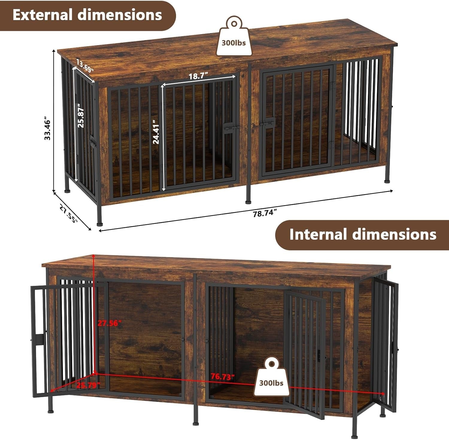 78 Inch Dog Crate Furniture for 2 Dogs, Extra Large Double Dog Cage Large Breed, XXL Thick Wooden Dog Crate TV Stand, Sturdy Dog Kennel with Divider